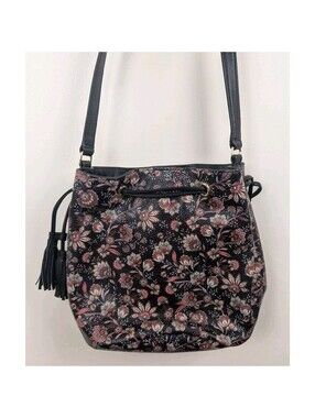 Talbots Leather Purse Navy Blue Pink Flowers Floral Bucket Bag 12x9x7"